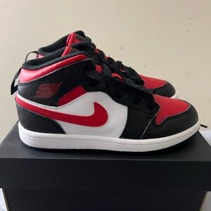 Jordan 1 Mid Kids' Sneakers - Red, Black, White Size 1Y